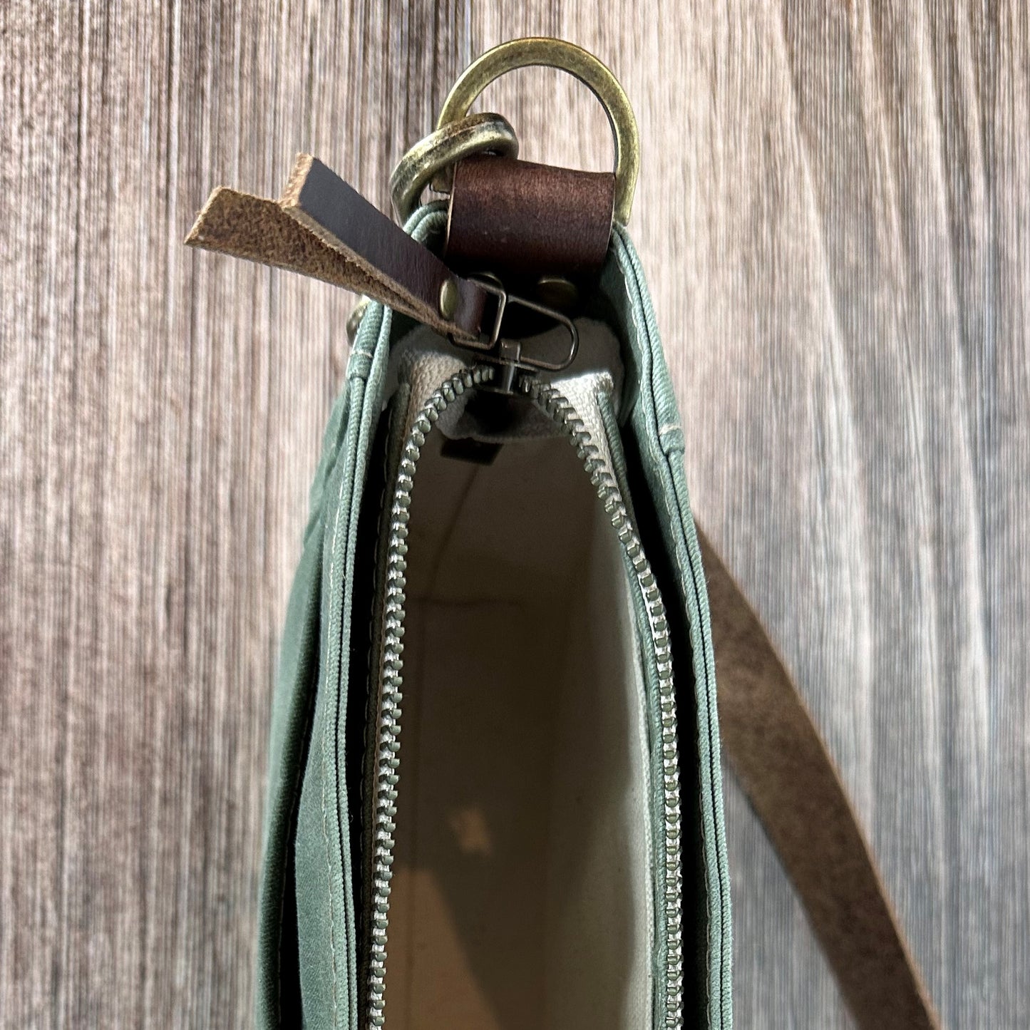 Parish Creek Crossbody Sage Waxed Twill & Toasted Wheat Leather with Antique Brass Hardware squirescanvascreations.com