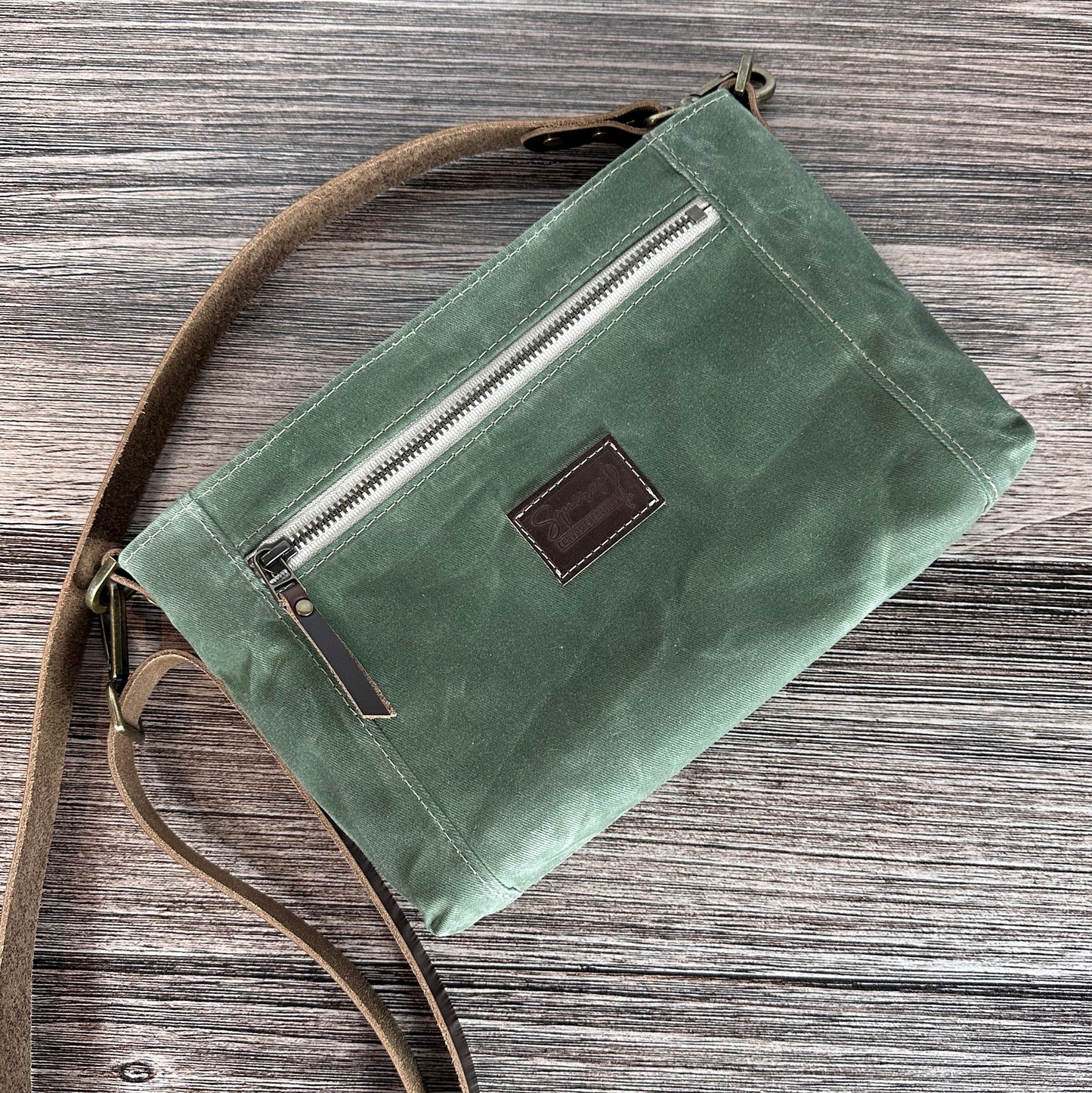 Parish Creek Crossbody Sage Waxed Twill & Toasted Wheat Leather with Antique Brass Hardware squirescanvascreations.com