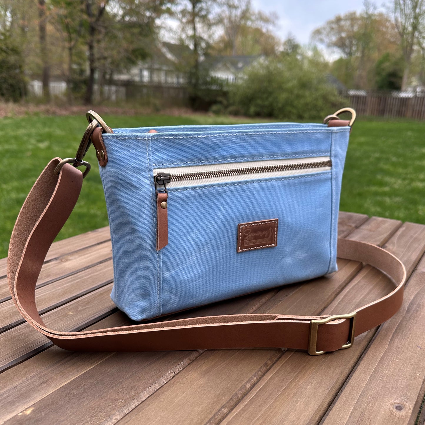 Steel Blue Waxed Canvas with Antique Brass Hardware Parish Creek Crossbody squirescanvascreations.com