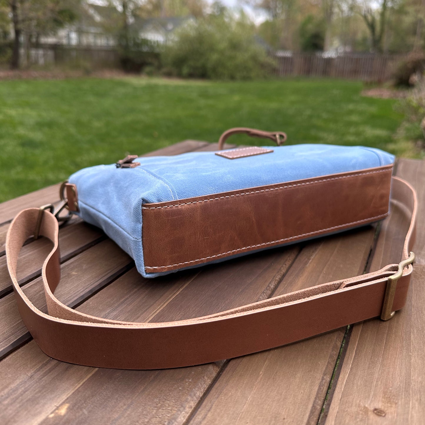 Steel Blue Waxed Canvas with Antique Brass Hardware Parish Creek Crossbody squirescanvascreations.com