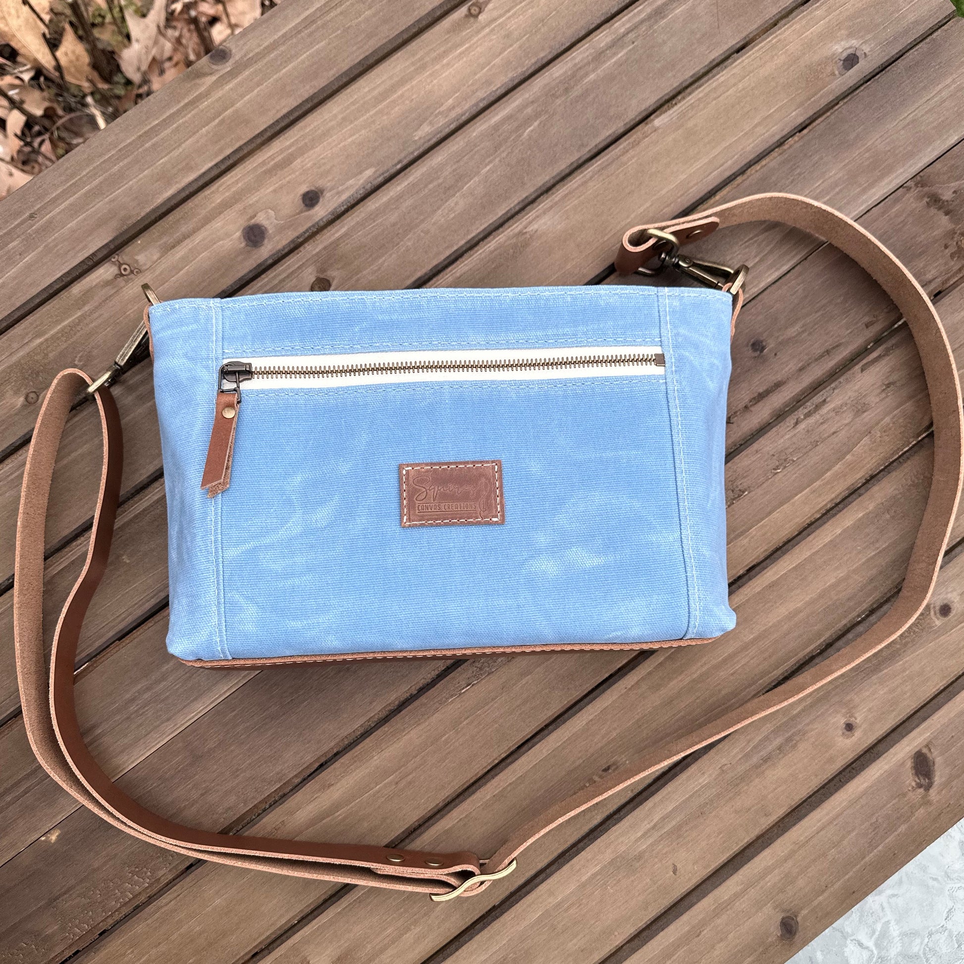 Steel Blue Waxed Canvas with Antique Brass Hardware Parish Creek Crossbody squirescanvascreations.com