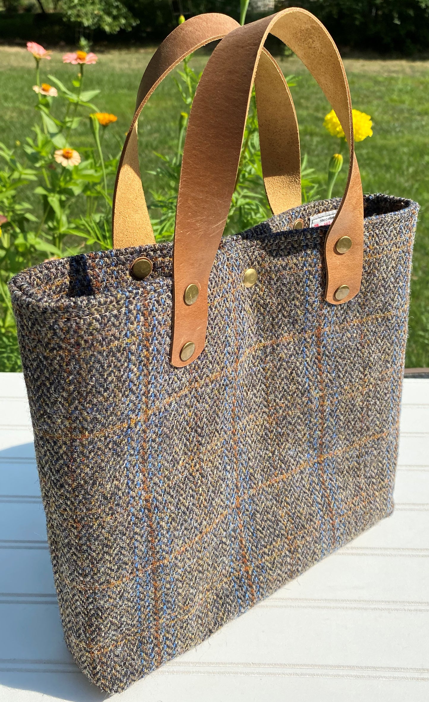 Green and Blue Herringbone with Rust Overcheck Harris Tweed® Tote SquiresCanvasCreations