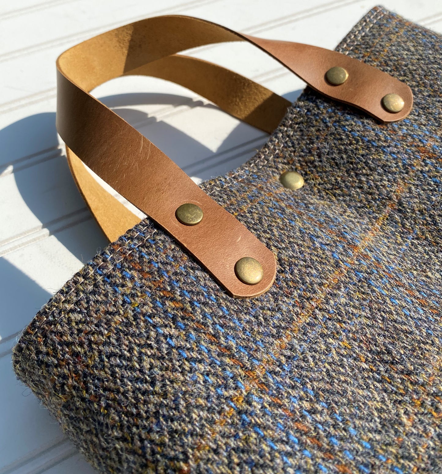 Green and Blue Herringbone with Rust Overcheck Harris Tweed® Tote SquiresCanvasCreations