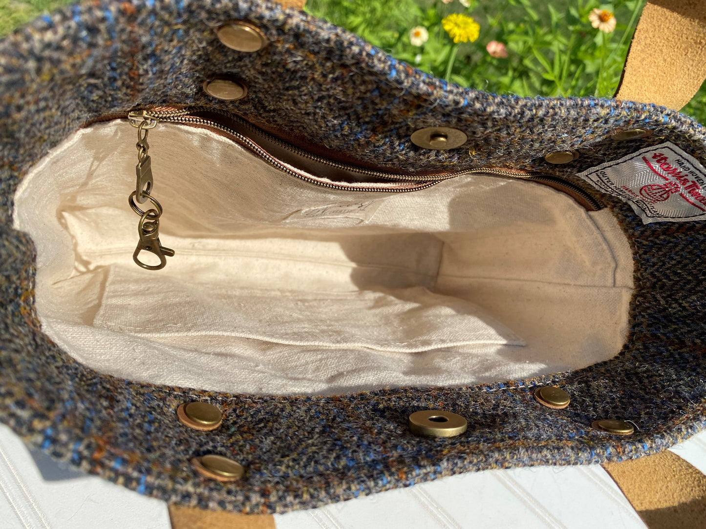 Green and Blue Herringbone with Rust Overcheck Harris Tweed® Tote SquiresCanvasCreations