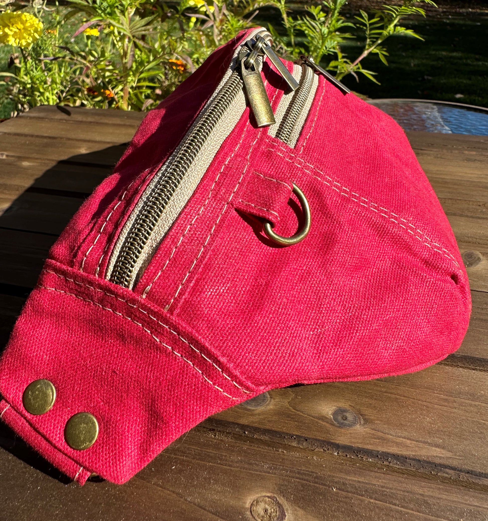 Red Waxed Canvas Antique Brass Hardware Jib Hip Bag Sling squirescanvascreations