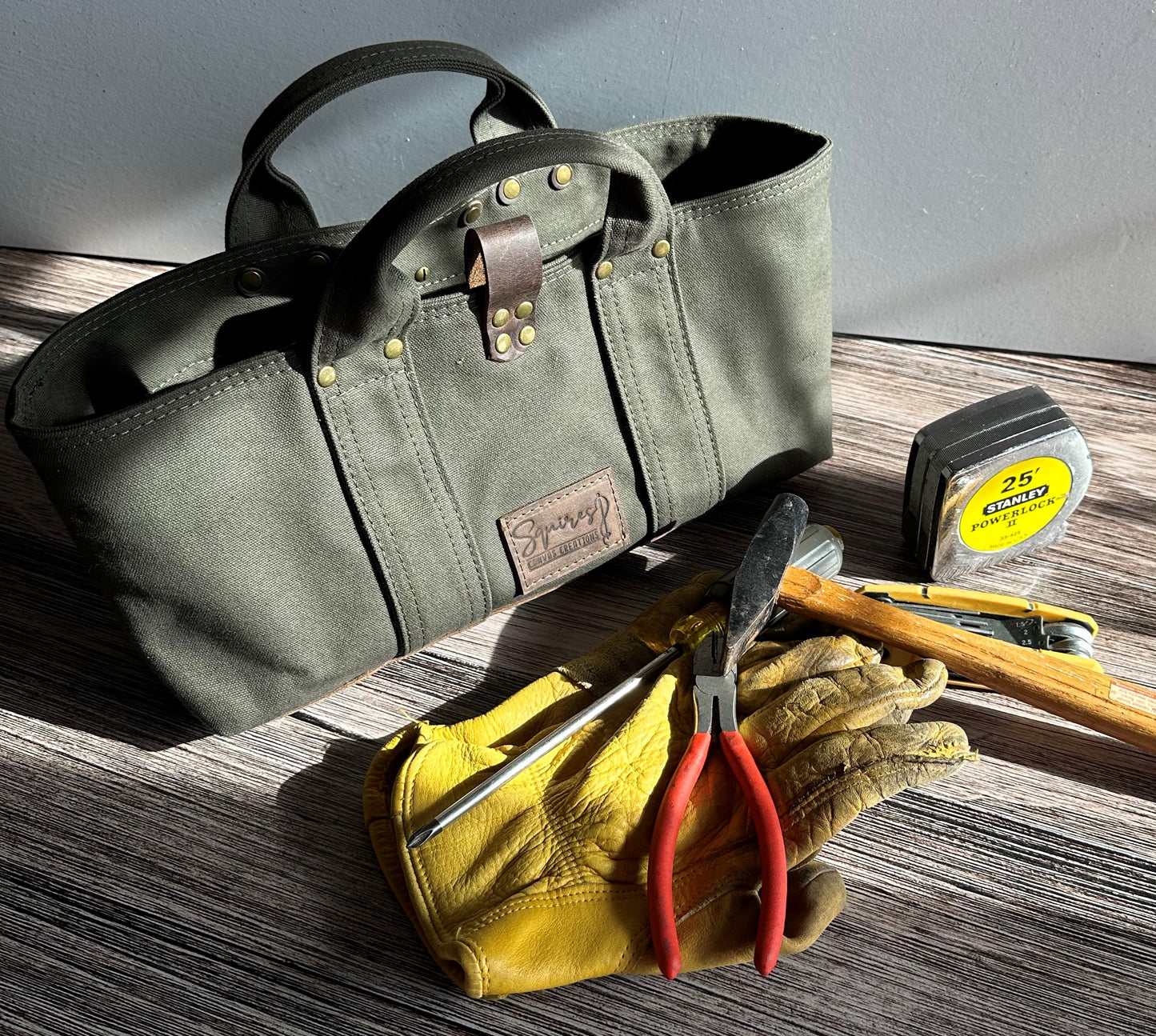 Olive Drab Heavy Duty 15oz Canvas Antique Brass Rivets Waterman Tote SquiresCanvasCreations