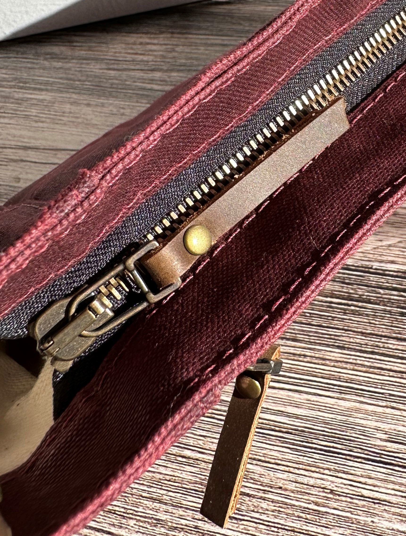 Texas Maroon Waxed Canvas with Antique Brass Hardware Parish Creek Crossbody SquiresCanvasCreations