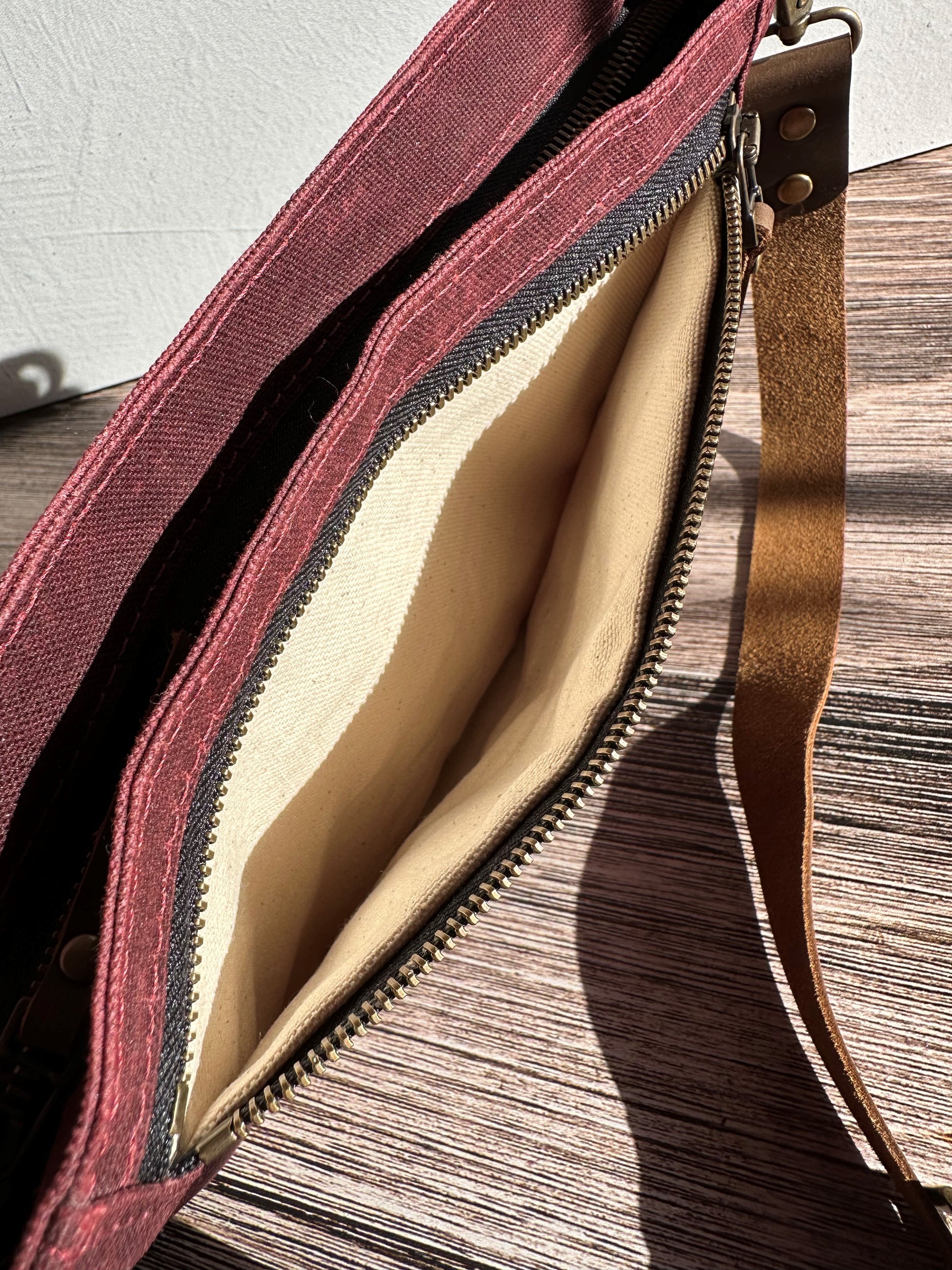 Texas Maroon Waxed Canvas with Antique Brass Hardware Parish Creek Crossbody SquiresCanvasCreations