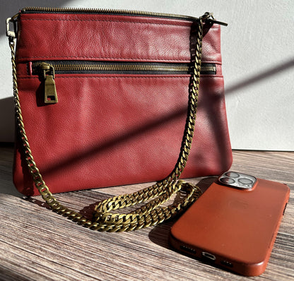 Dark Red Leather with Antique Bronze hardware and Antique Bronze Hardware Chain Strap Casey Crossbody SquiresCanvasCreations