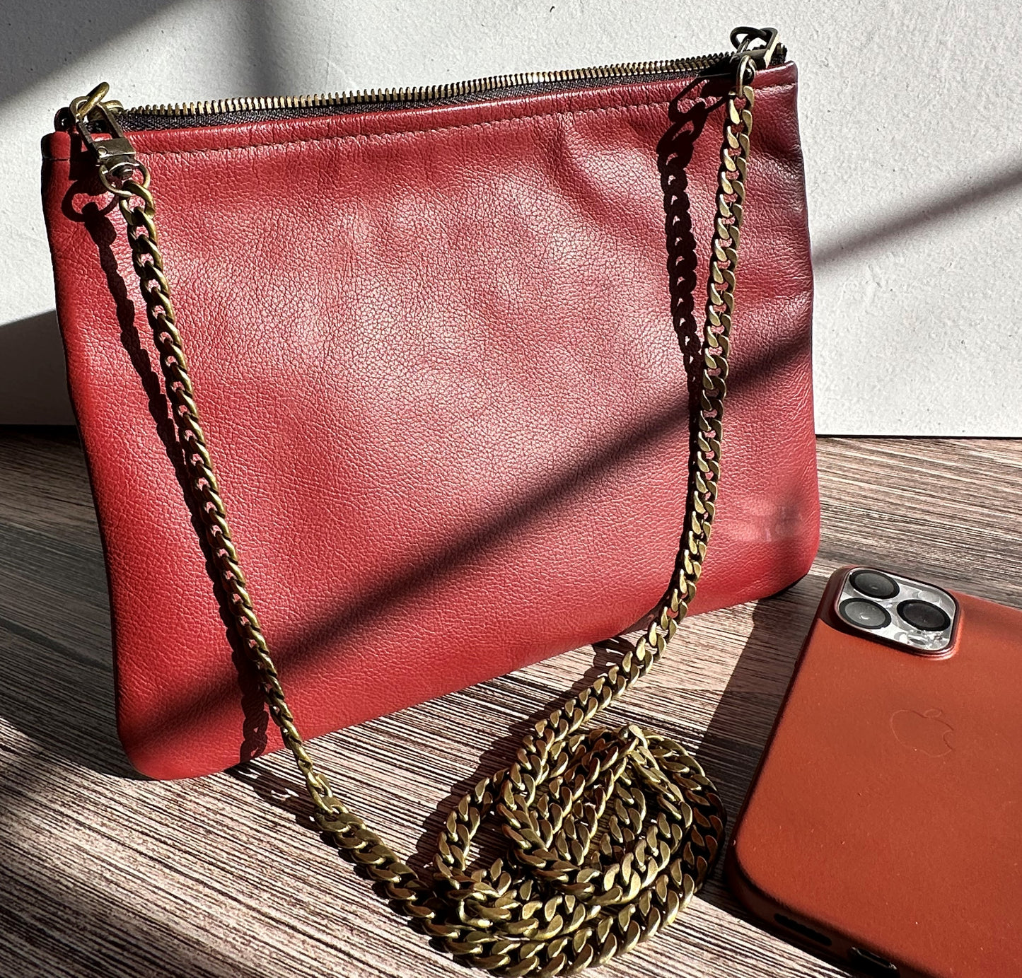 Dark Red Leather with Antique Bronze hardware and Antique Bronze Hardware Chain Strap Casey Crossbody SquiresCanvasCreations