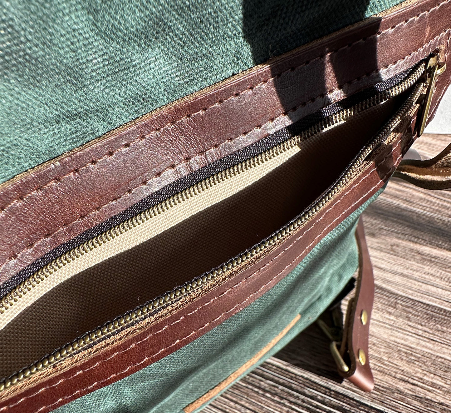 Stewart Plaid Harris Tweed® and British Green Waxed Canvas back with Toasted Wheat Newberry Leather  Eastport Backpack SquiresCanvasCreations