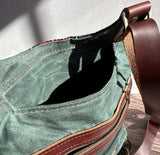 Stewart Plaid Harris Tweed® and British Green Waxed Canvas back with Toasted Wheat Newberry Leather  Eastport Backpack SquiresCanvasCreations