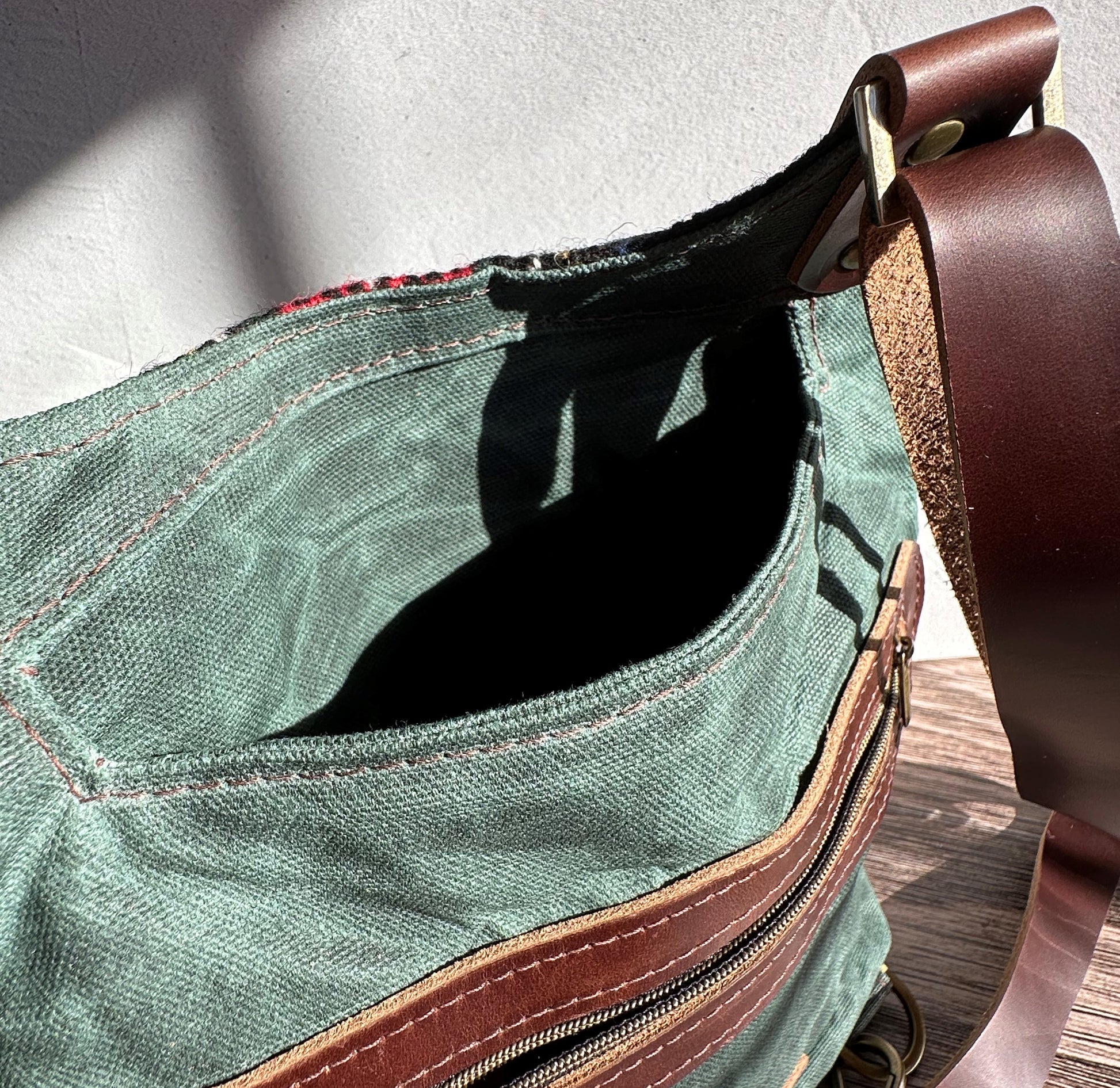 Stewart Plaid Harris Tweed® and British Green Waxed Canvas back with Toasted Wheat Newberry Leather  Eastport Backpack SquiresCanvasCreations