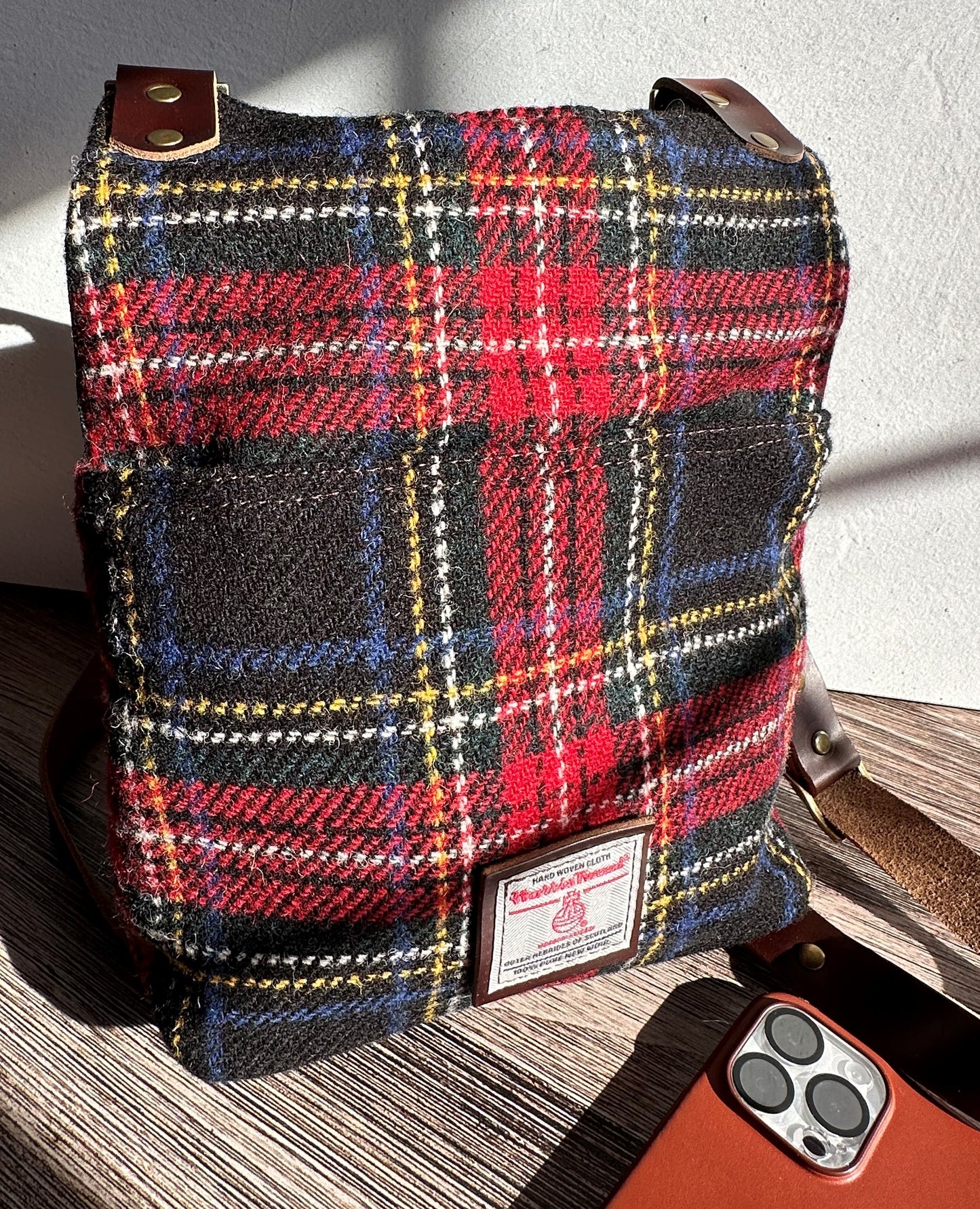 Stewart Plaid Harris Tweed® and British Green Waxed Canvas back with Toasted Wheat Newberry Leather  Eastport Backpack SquiresCanvasCreations