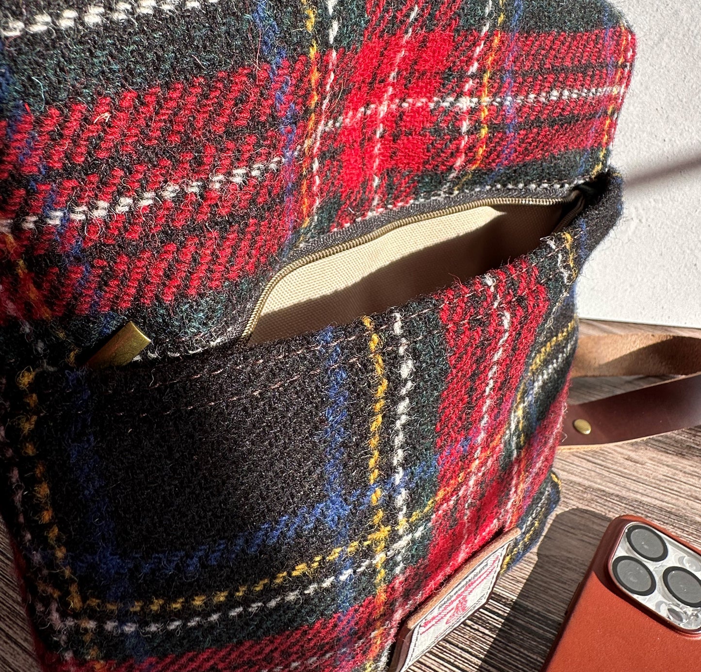 Stewart Plaid Harris Tweed® and British Green Waxed Canvas back with Toasted Wheat Newberry Leather  Eastport Backpack SquiresCanvasCreations