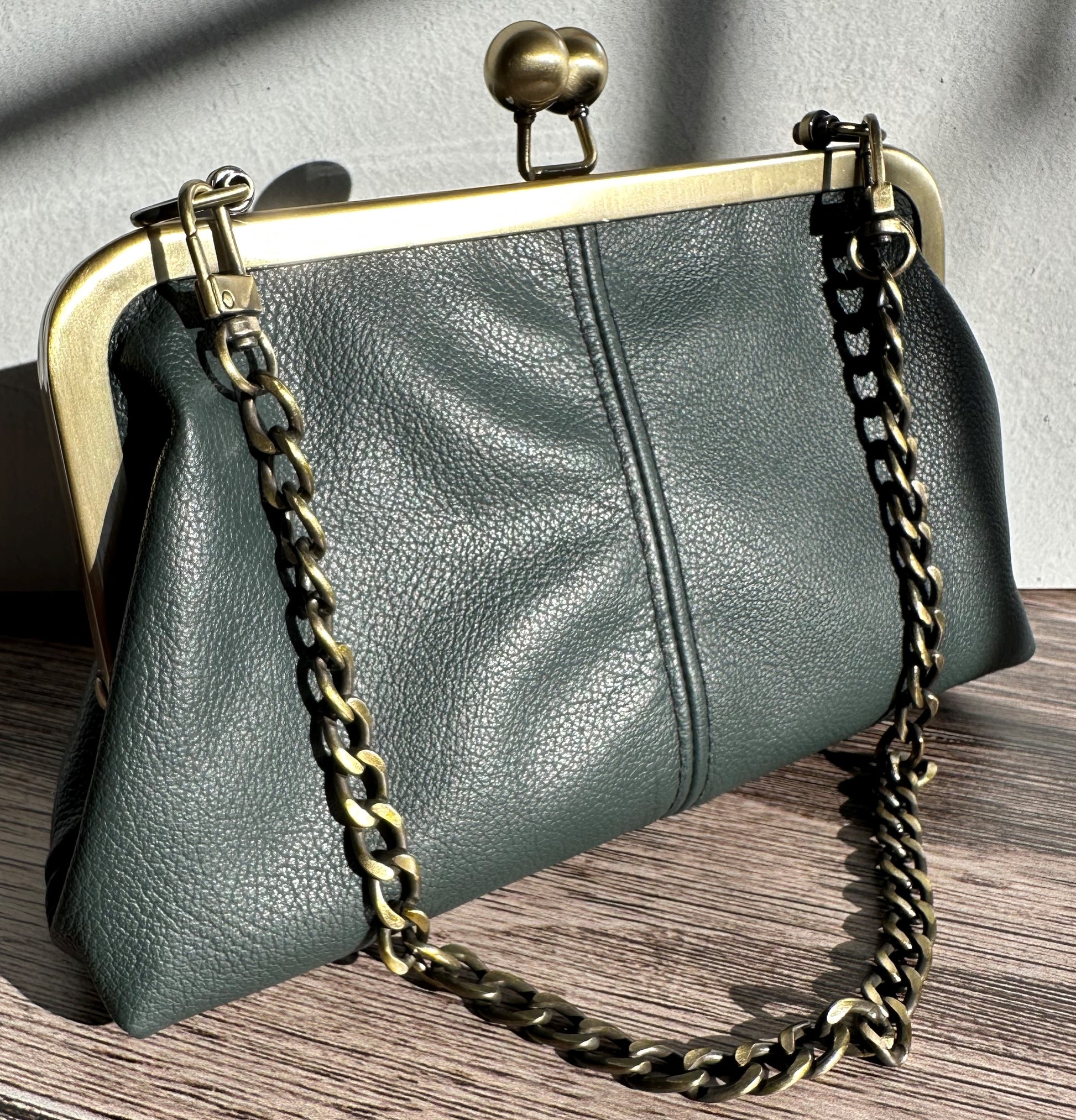 Forest Green Leather with Bronze Kiss Lock & Chains Smith Island Purse SquiresCanvasCreations