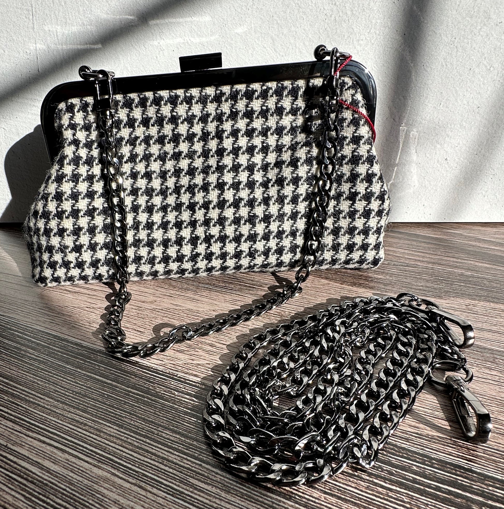 Black and White Houndstooth Harris Tweed® with Gun Metal Rectangle Closure and Chain Smith Island Purse SquiresCanvasCreations