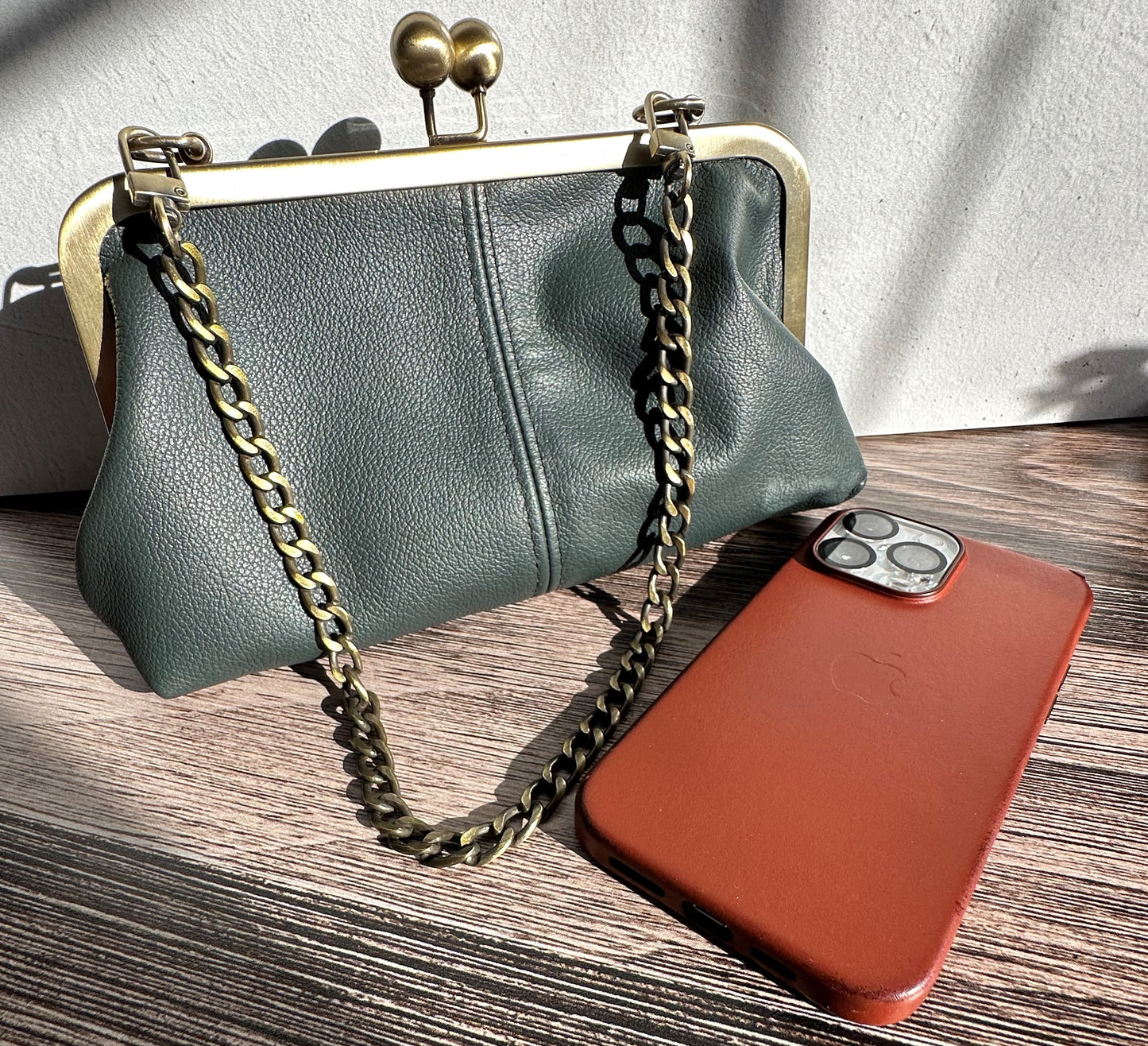 Forest Green Leather with Bronze Rectangular Closure & Chains Smith Island Purse SquiresCanvasCreations