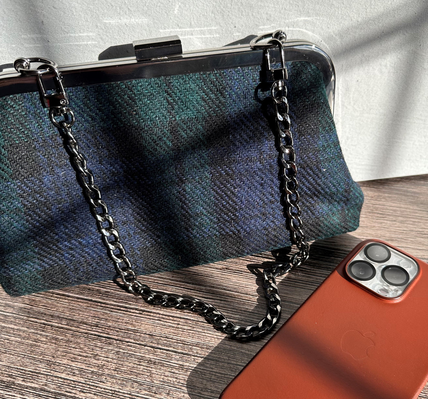 Black Watch Harris Tweed® with  Gun Metal Rectangle Closure and Chain Smith Island Purse SquiresCanvasCreations
