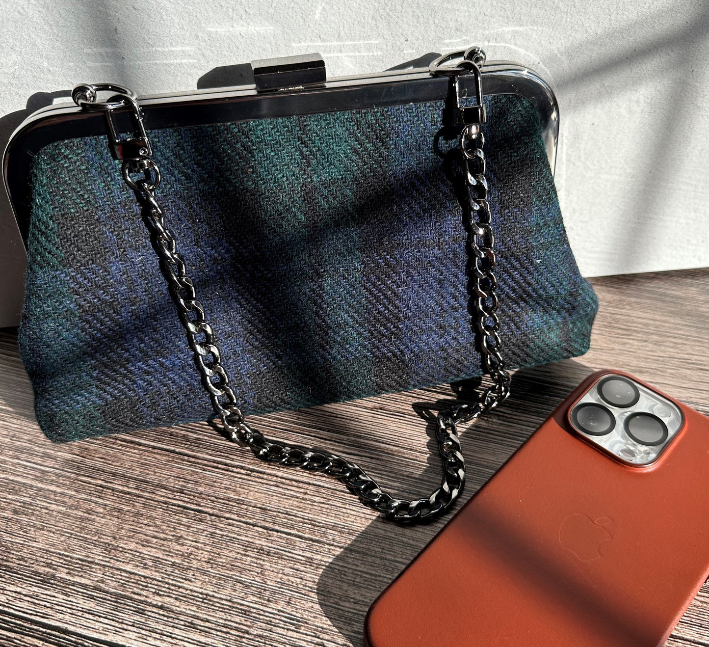 Black Watch Harris Tweed® with  Gun Metal Rectangle Closure and Chain Smith Island Purse SquiresCanvasCreations