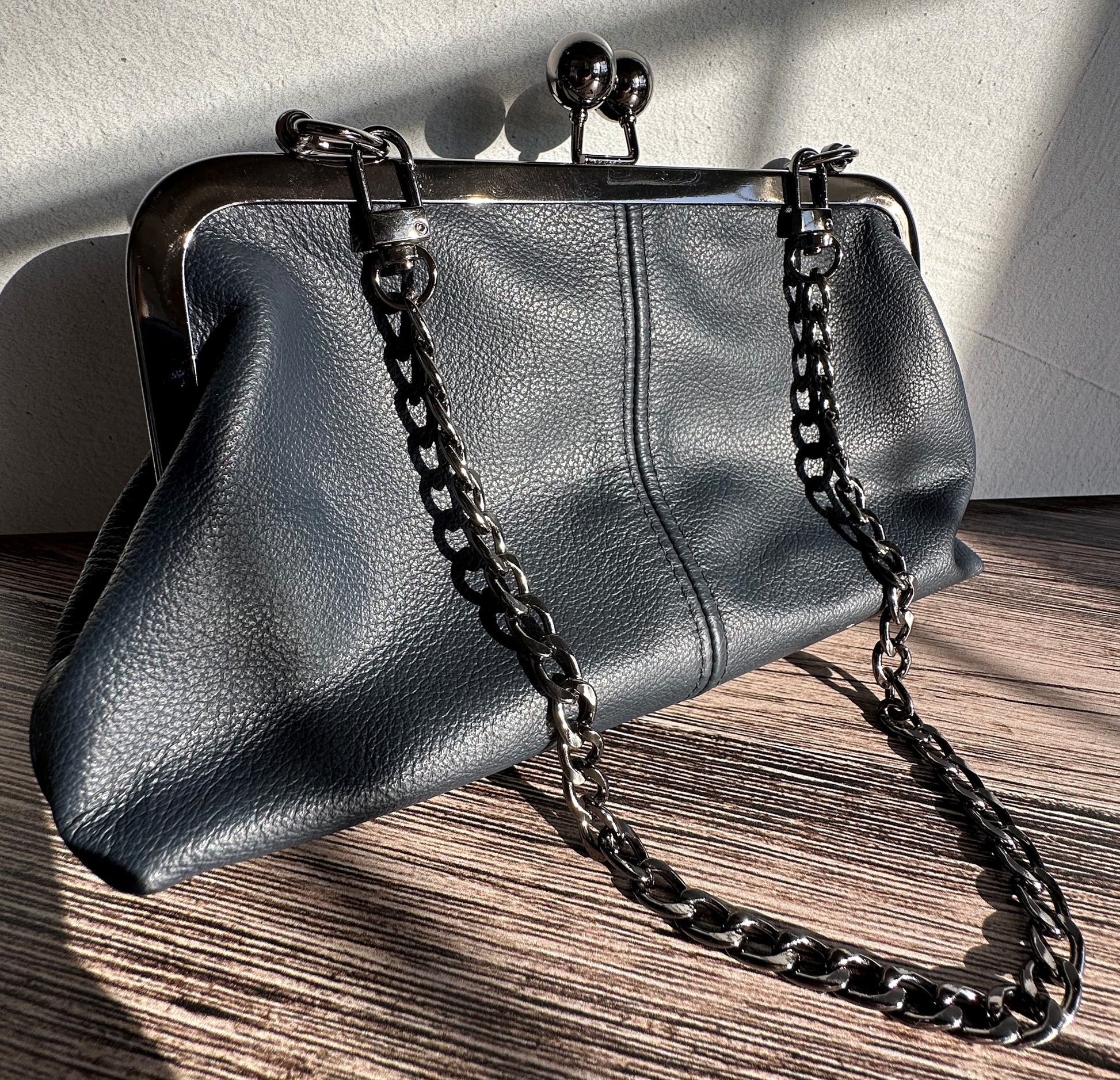 Navy Leather with Gun Metal Kiss Lock & Chains Smith Island Purse SquiresCanvasCreations