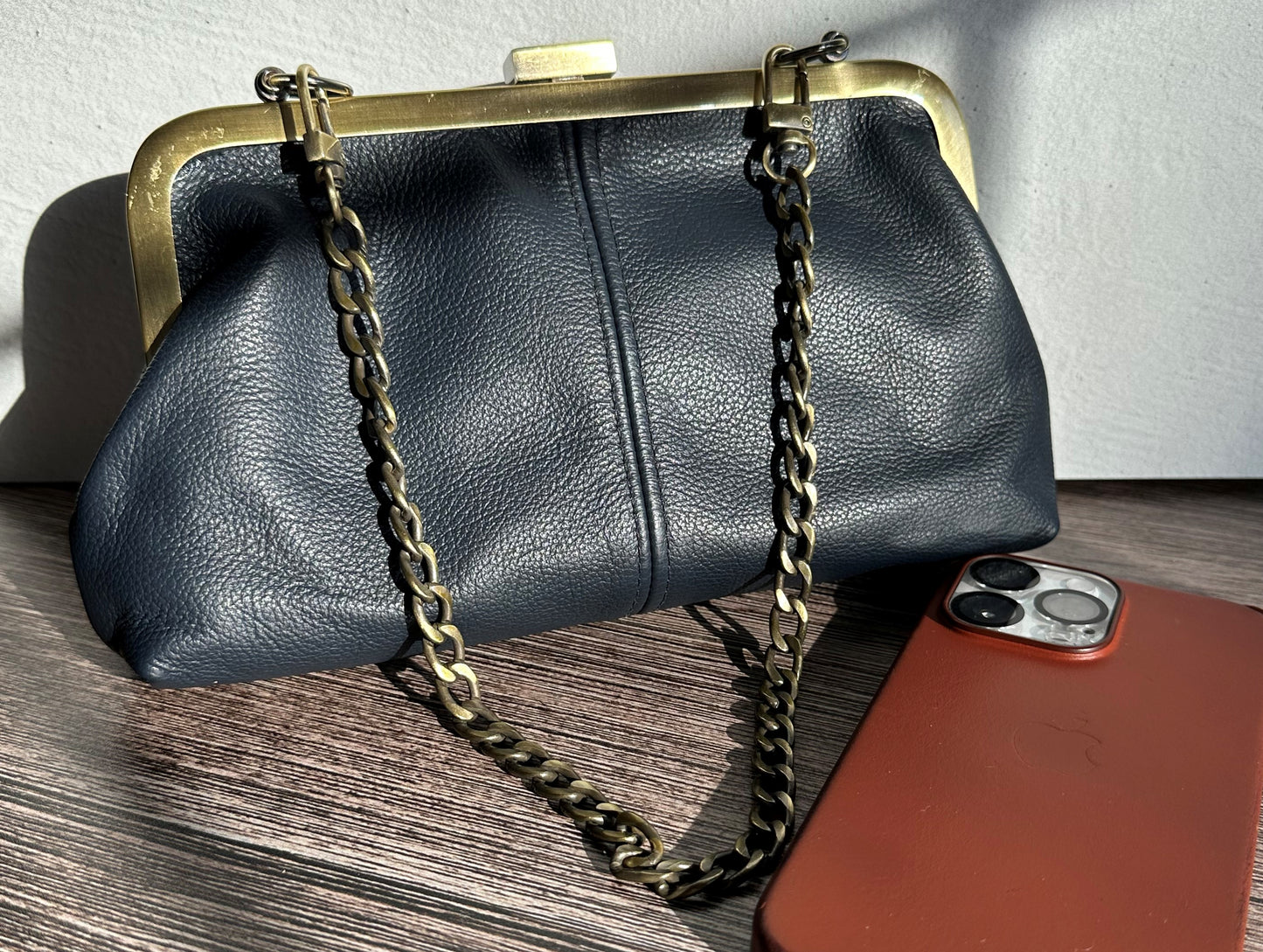 Navy Leather with Bronze Rectangular Closure & Chains Smith Island Purse SquiresCanvasCreations