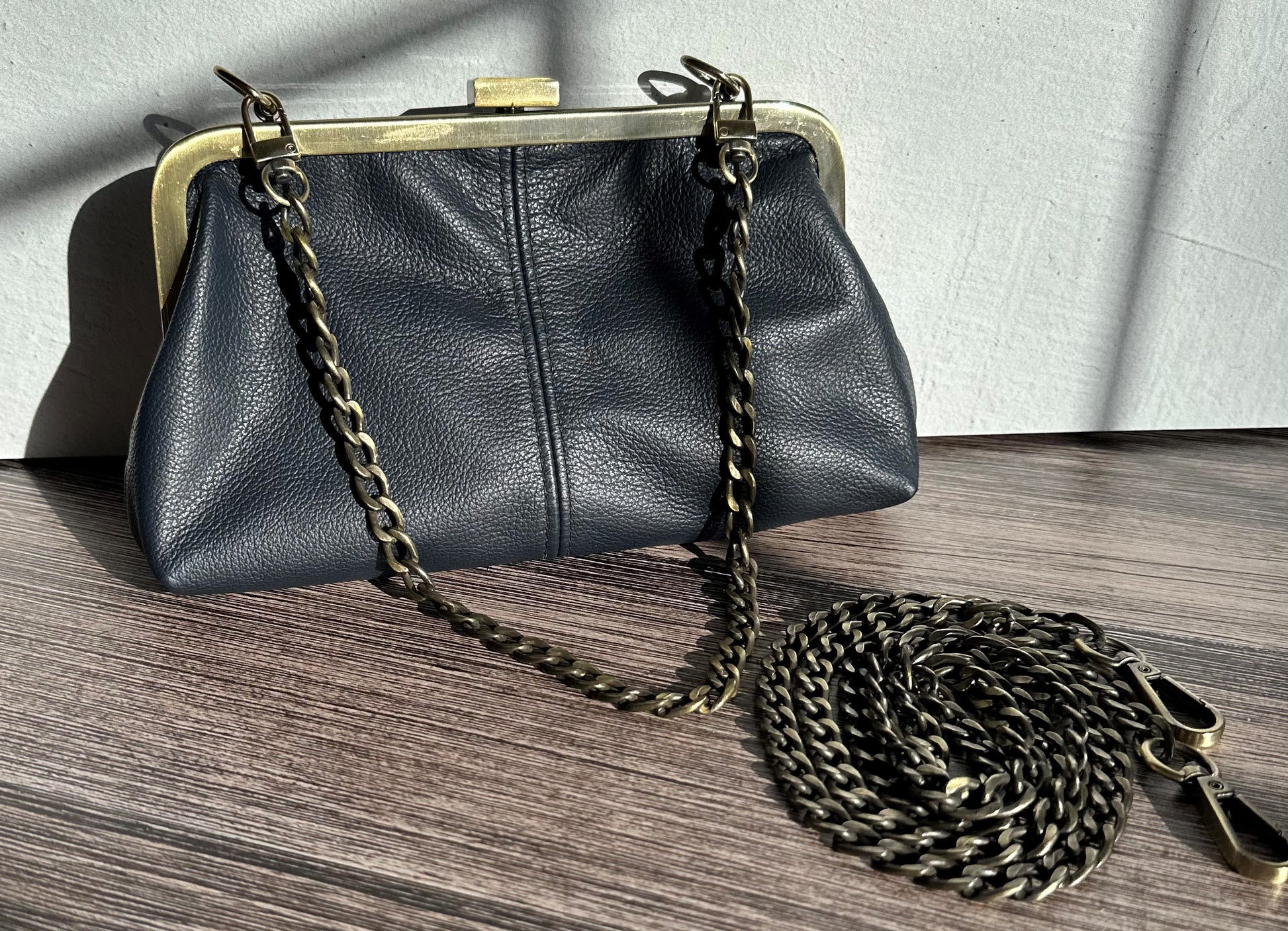 Navy Leather with Bronze Rectangular Closure & Chains Smith Island Purse SquiresCanvasCreations