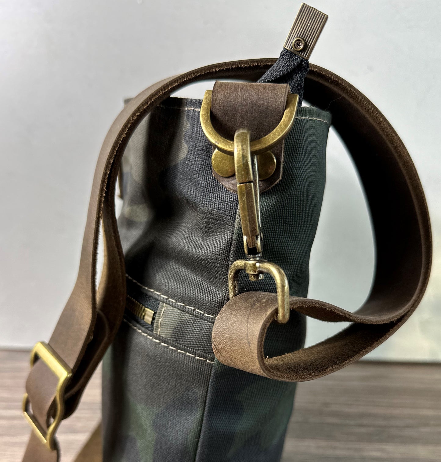 Camo Waxed Canvas Brown Leather with Antique Brass Hardware Bayside Hobo Bag squirescanvascreations