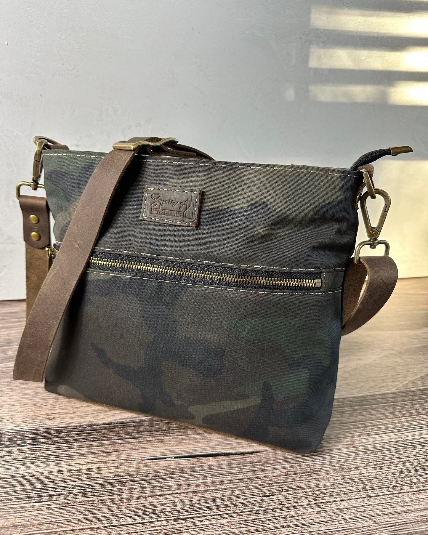 Camo Waxed Canvas Brown Leather with Antique Brass Hardware Bayside Hobo Bag squirescanvascreations