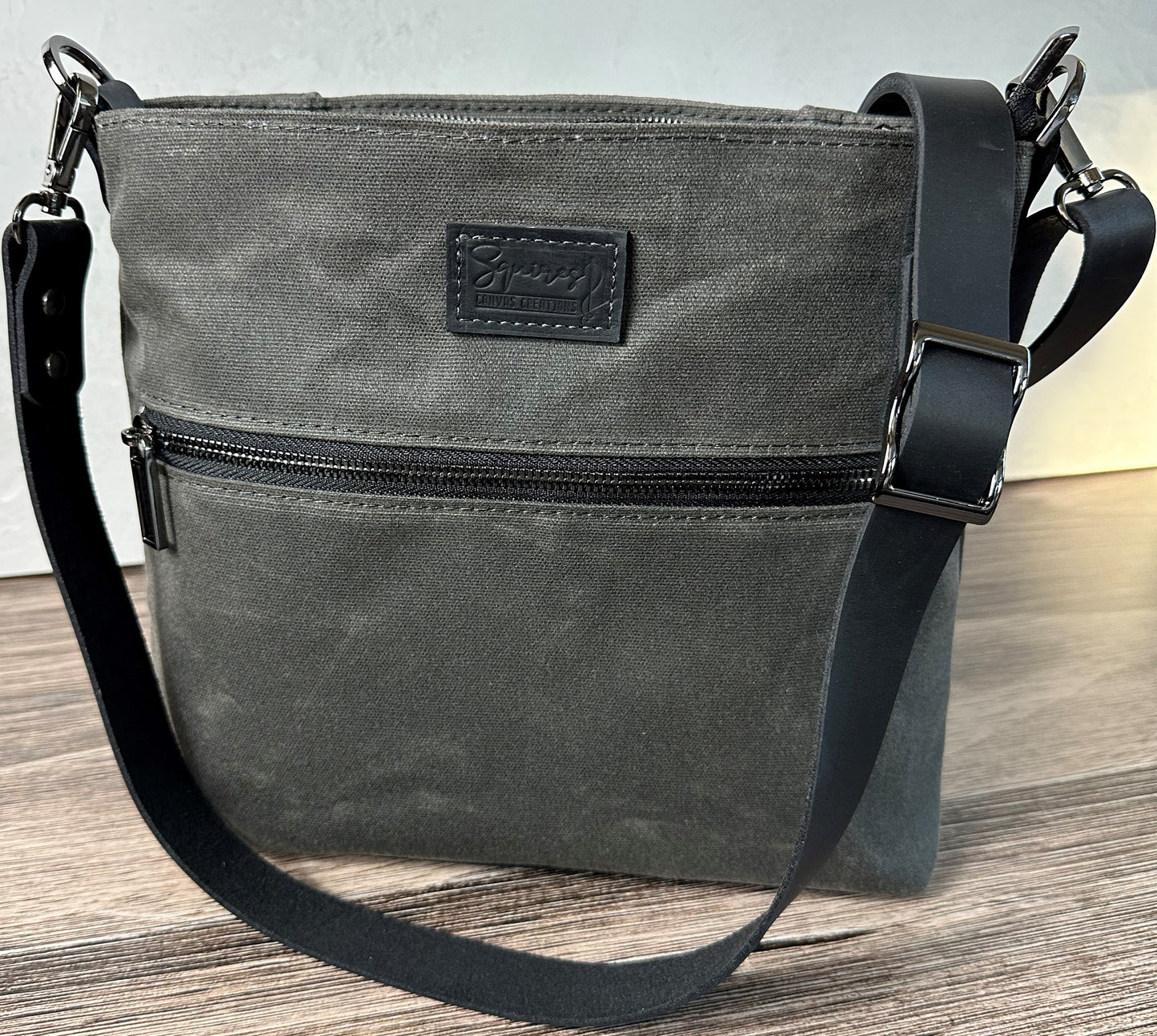 Grey Waxed Canvas Black Leather with Gun Metal Hardware Bayside Hobo Bag squirescanvascreations