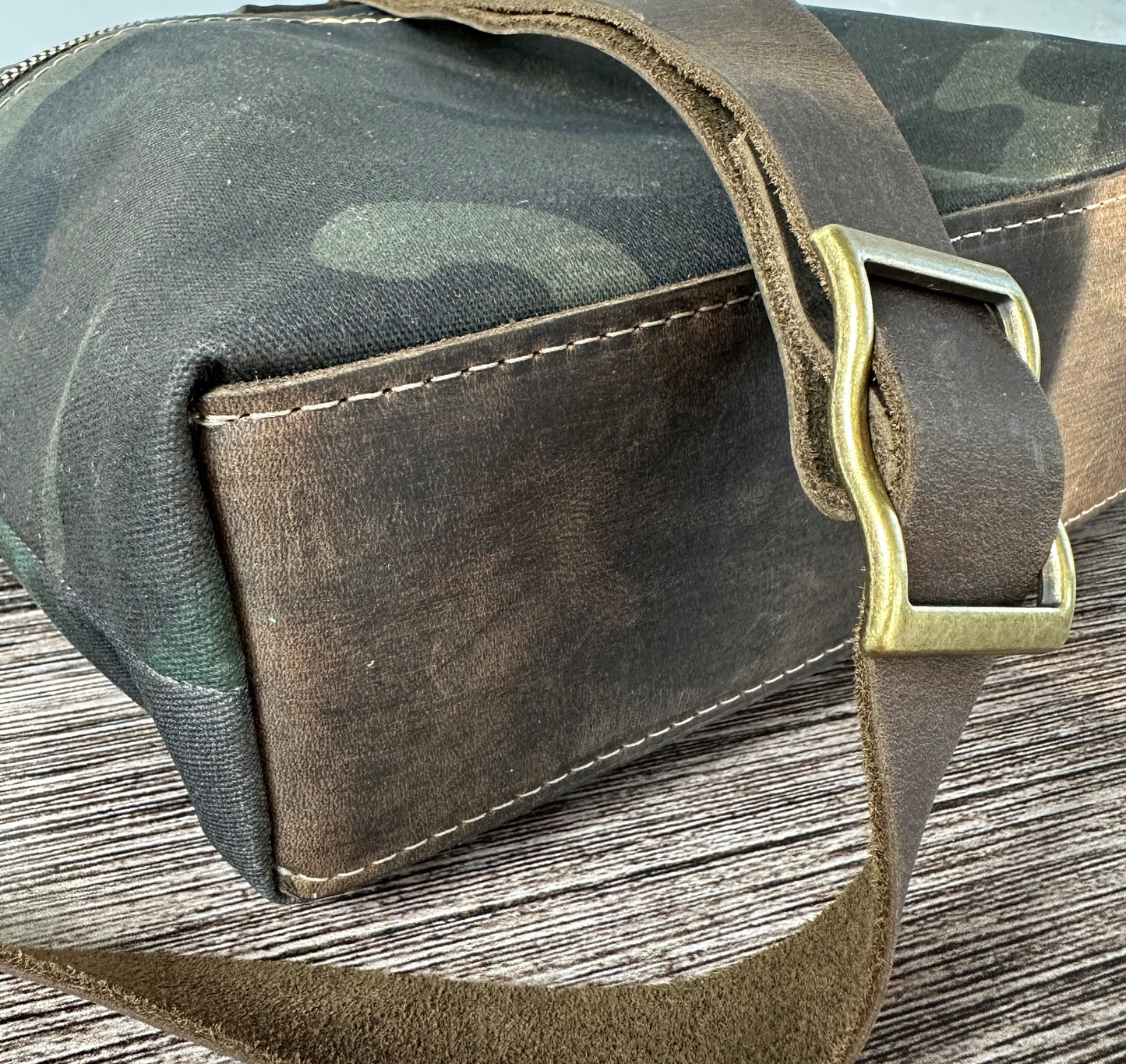 Camo Waxed Canvas Brown Leather with Antique Brass Hardware Bayside Hobo Bag squirescanvascreations