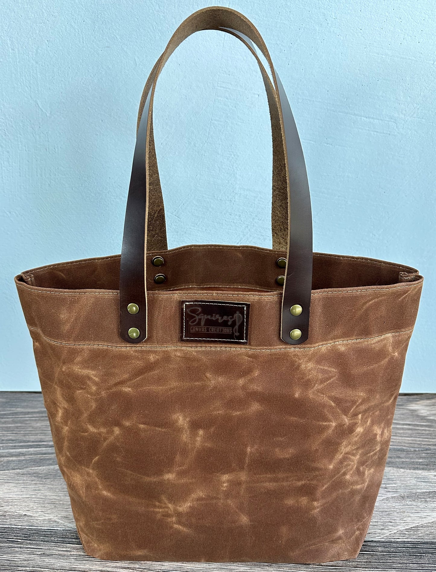 Saddle Waxed Canvas Wheat Leather with Antique Brass Hardware Chesapeake Market Tote squirescanvascreations