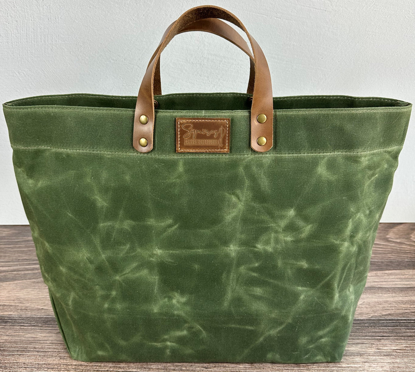 Sage Green Waxed Canvas Wheat Leather with Antique Brass Hardware Chesapeake Market Tote squirescanvascreations