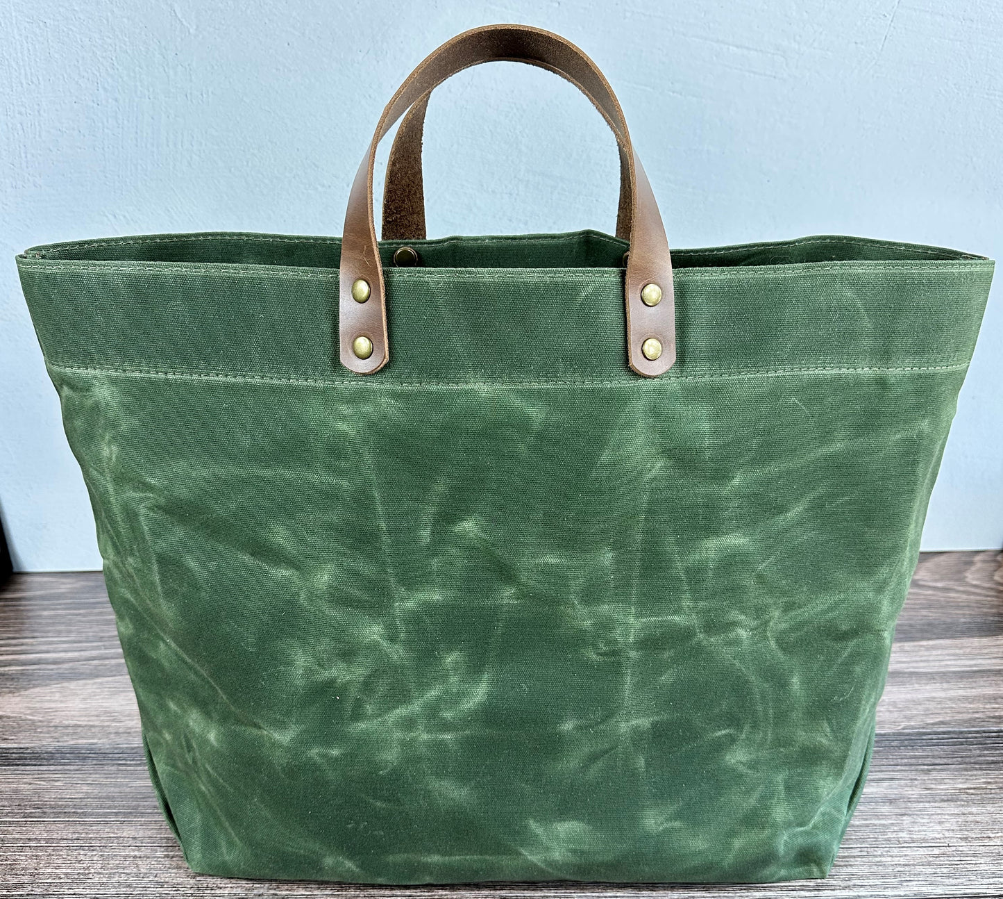 Sage Green Waxed Canvas Wheat Leather with Antique Brass Hardware Chesapeake Market Tote squirescanvascreations