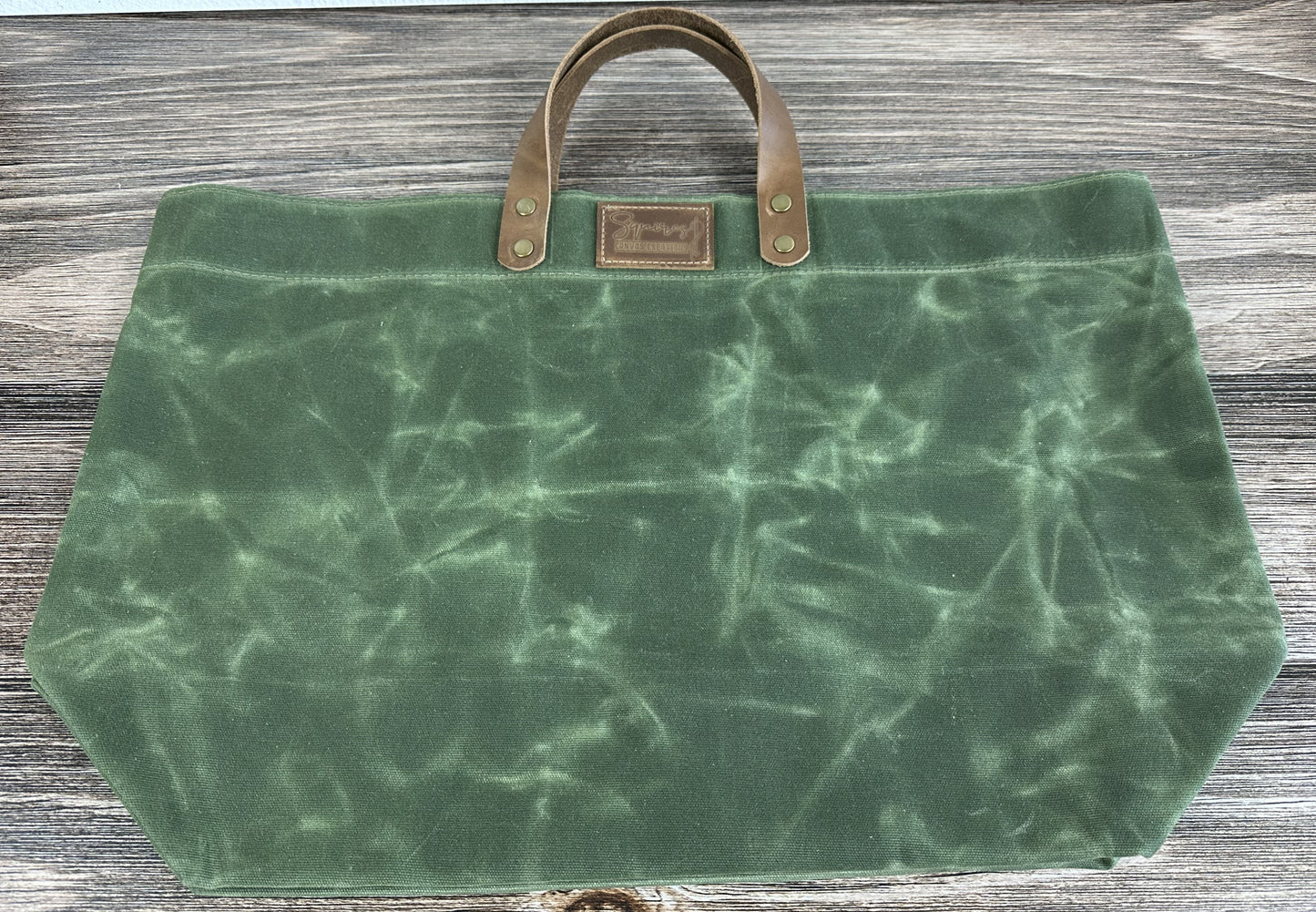 Sage Green Waxed Canvas Wheat Leather with Antique Brass Hardware Chesapeake Market Tote squirescanvascreations
