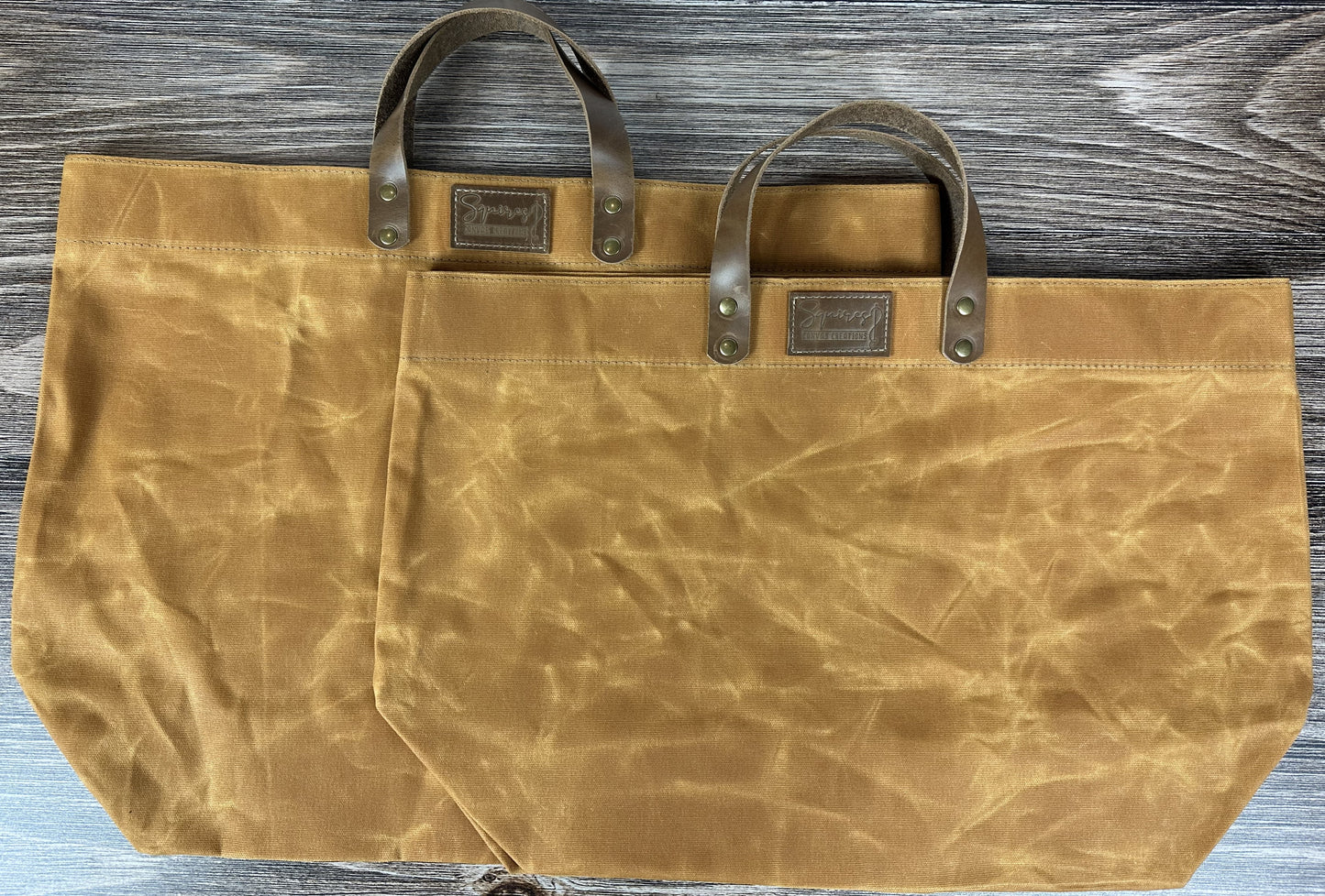 Butterscotch Waxed Canvas Wheat Leather with Antique Brass Hardware Chesapeake Market Tote squirescanvascreations