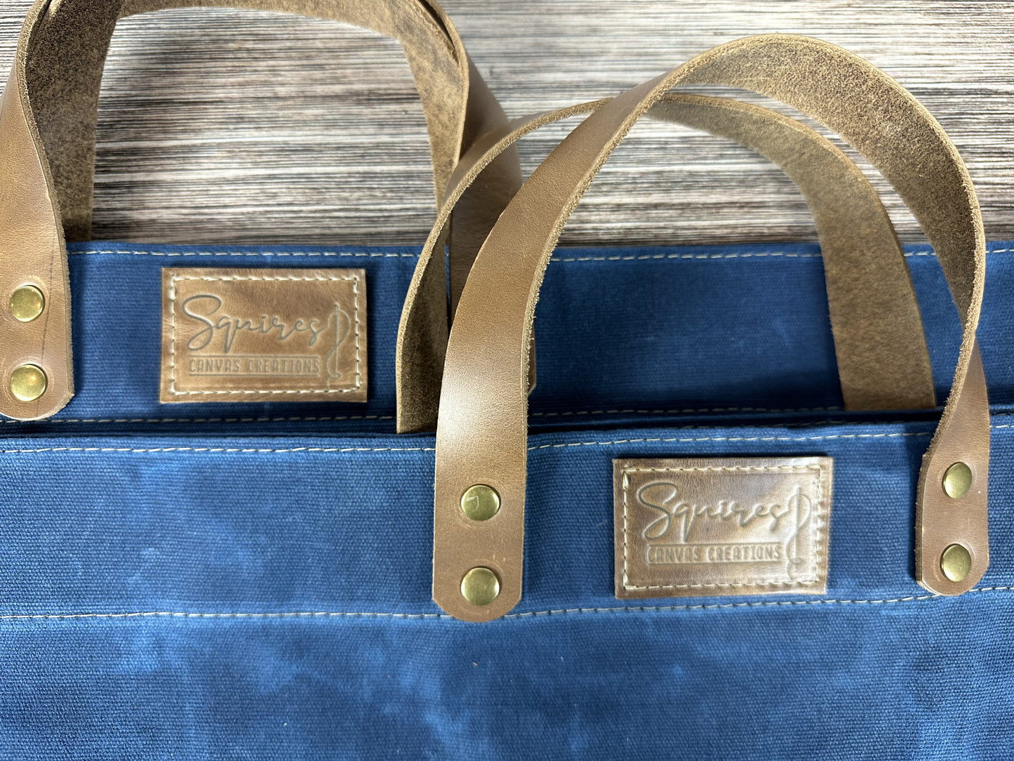 Blue Waxed Canvas Wheat Leather with Antique Brass Hardware Chesapeake Market Tote squirescanvascreations