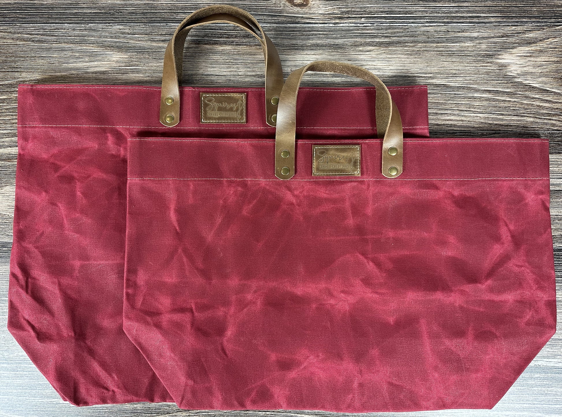 Red Waxed Canvas Wheat Leather with Antique Brass Hardware Chesapeake Market Tote squirescanvascreations