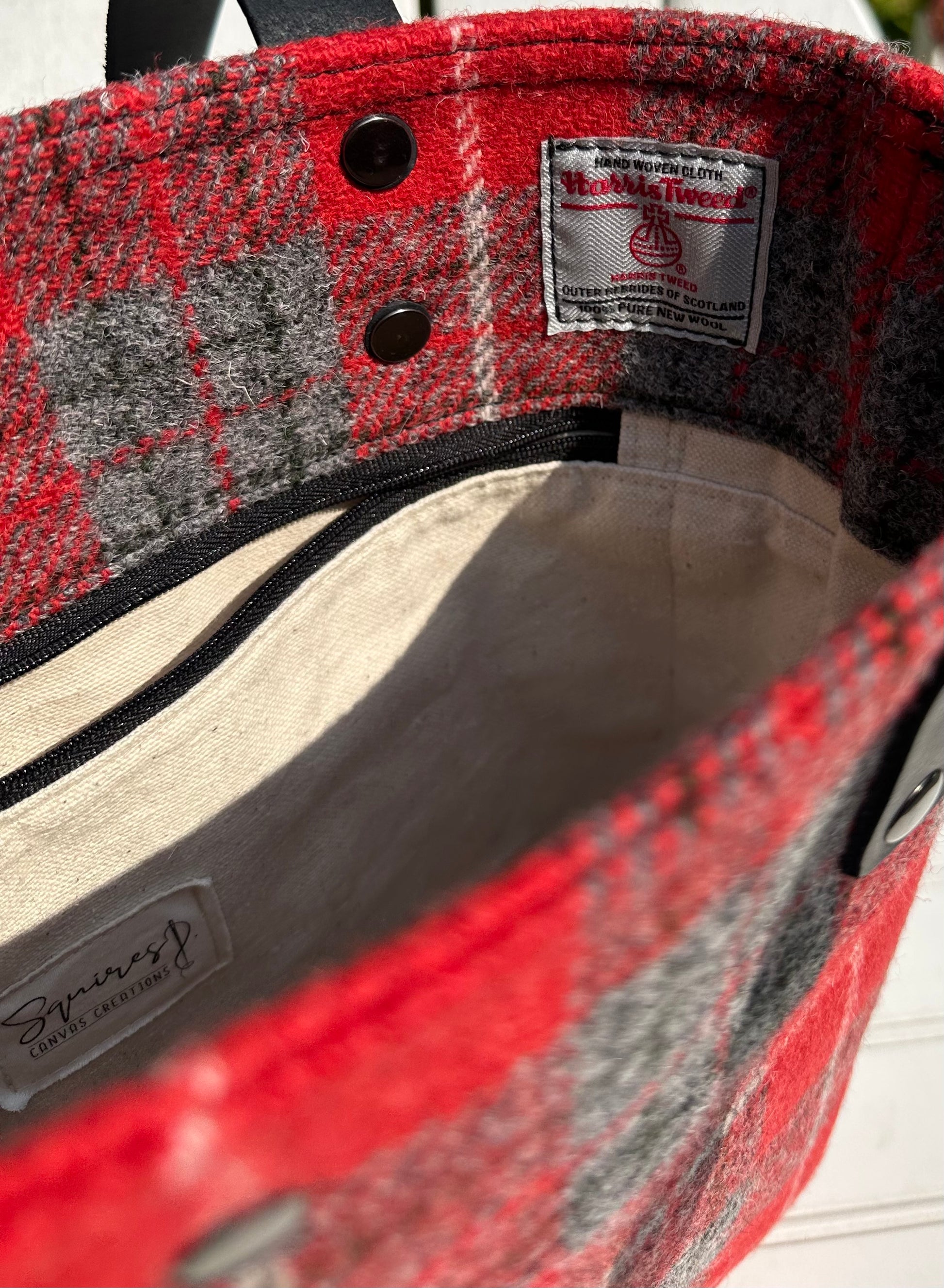 Red with Grey and White Overcheck Harris Tweed® Tote SquiresCanvasCreations