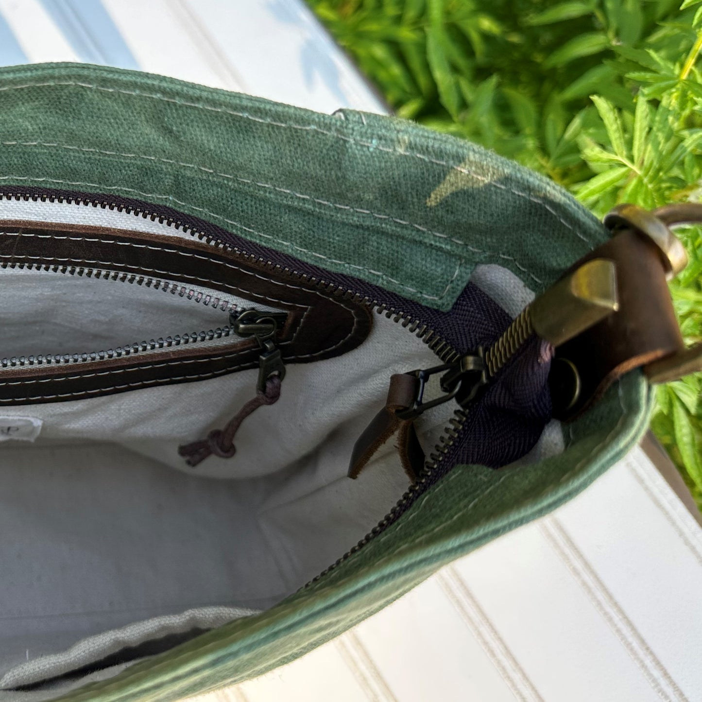 Sage Green Waxed Canvas Wheat Leather with Antique Brass Hardware Bayside Hobo Bag squirescanvascreations